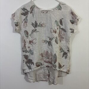 Terzo Milennio S Linen Top Floral High Low Hem Cream Boho Natural Fibers Italy